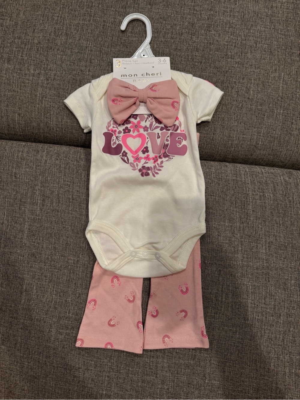 Mon Cheri Cream & Pink "Love" Baby Two-Piece Set with Bow